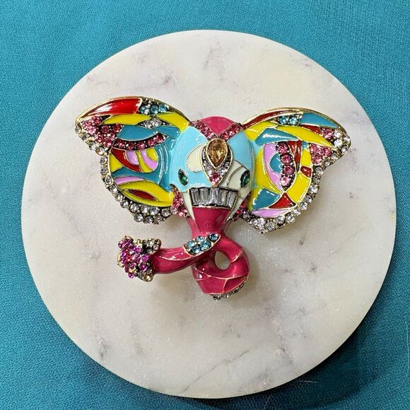 Elephant Brooch Pin – Multicolor Enamel Rhinestones -Designer Style Statement - Picture 3 of 7